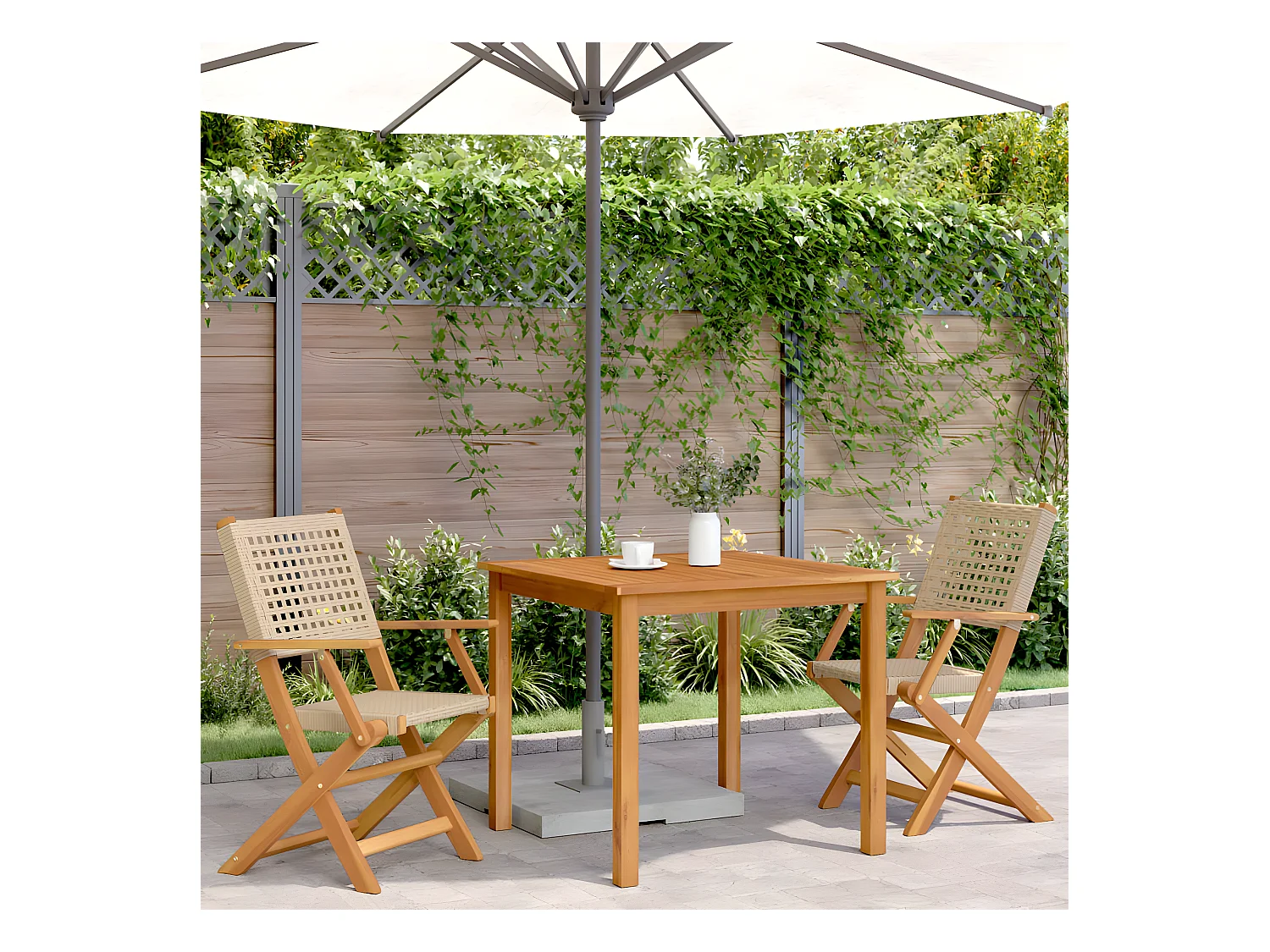 Lot de 2 Chaises de jardin beige bois massif d'acacia et rotin FR61001