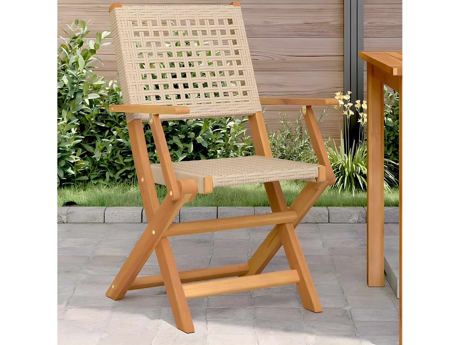Lot de 2 Chaises de jardin beige bois massif d'acacia et rotin FR61001