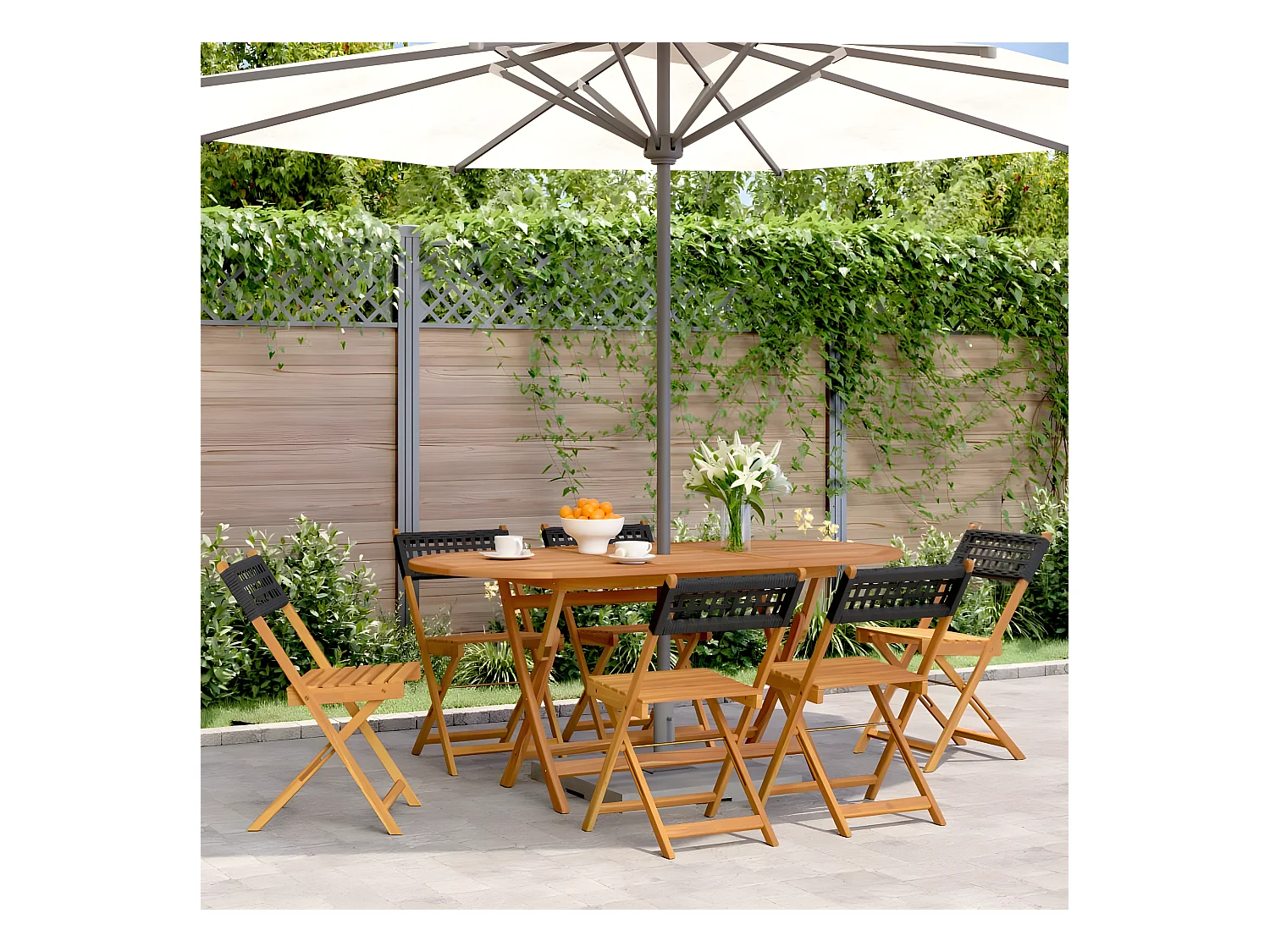 Lot de 6 Chaises de jardin pliantes noir poly rotin bois massif FR30720