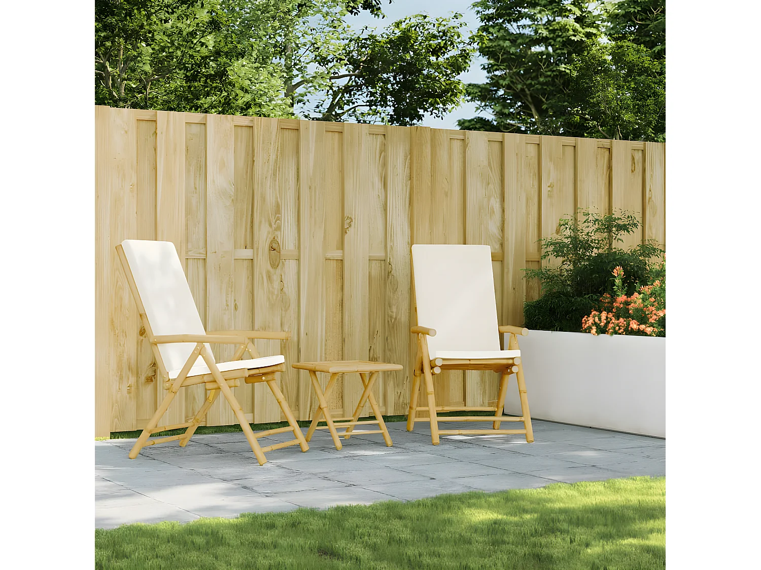 Juego de 2 Sillas de bistró plegables con cojines bambú blanco crema ES824802