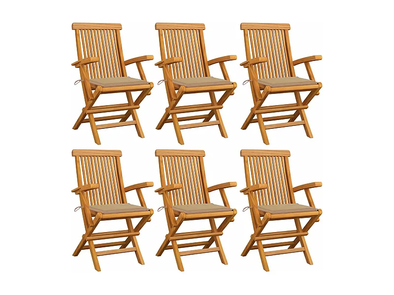 Cadeiras de jardim c/ almofadões beges 6 pcs teca maciça PT479801
