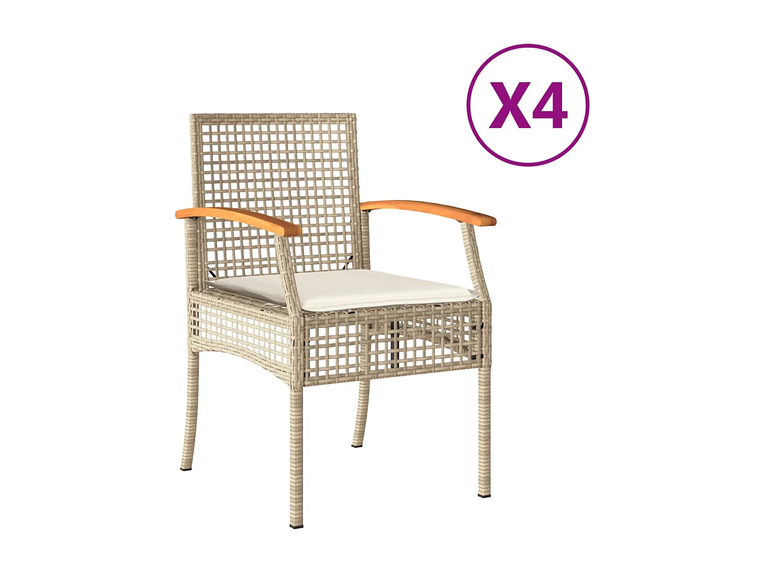 Cadeiras de jardim com almofadões 4 pcs vime PE/acácia bege PT410687