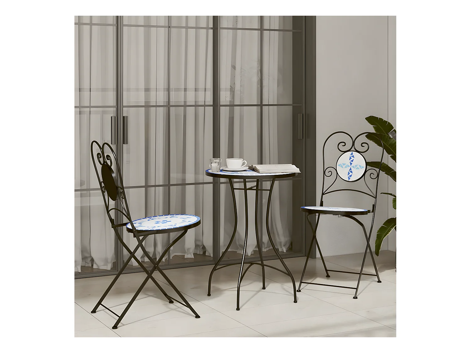 Lot de 2 Chaises de bistro pliables bleu et blanc céramique FR82077