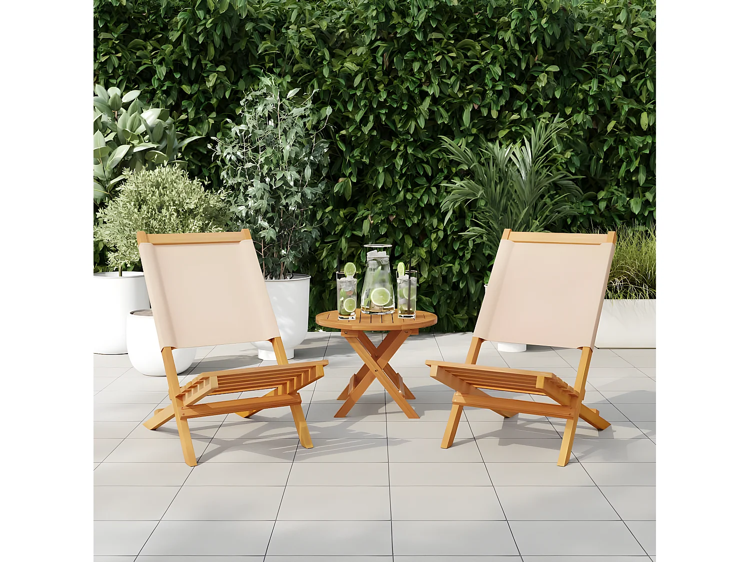 Lot de 2 Chaises de jardin beige bois d'acacia massif et tissu FR45031