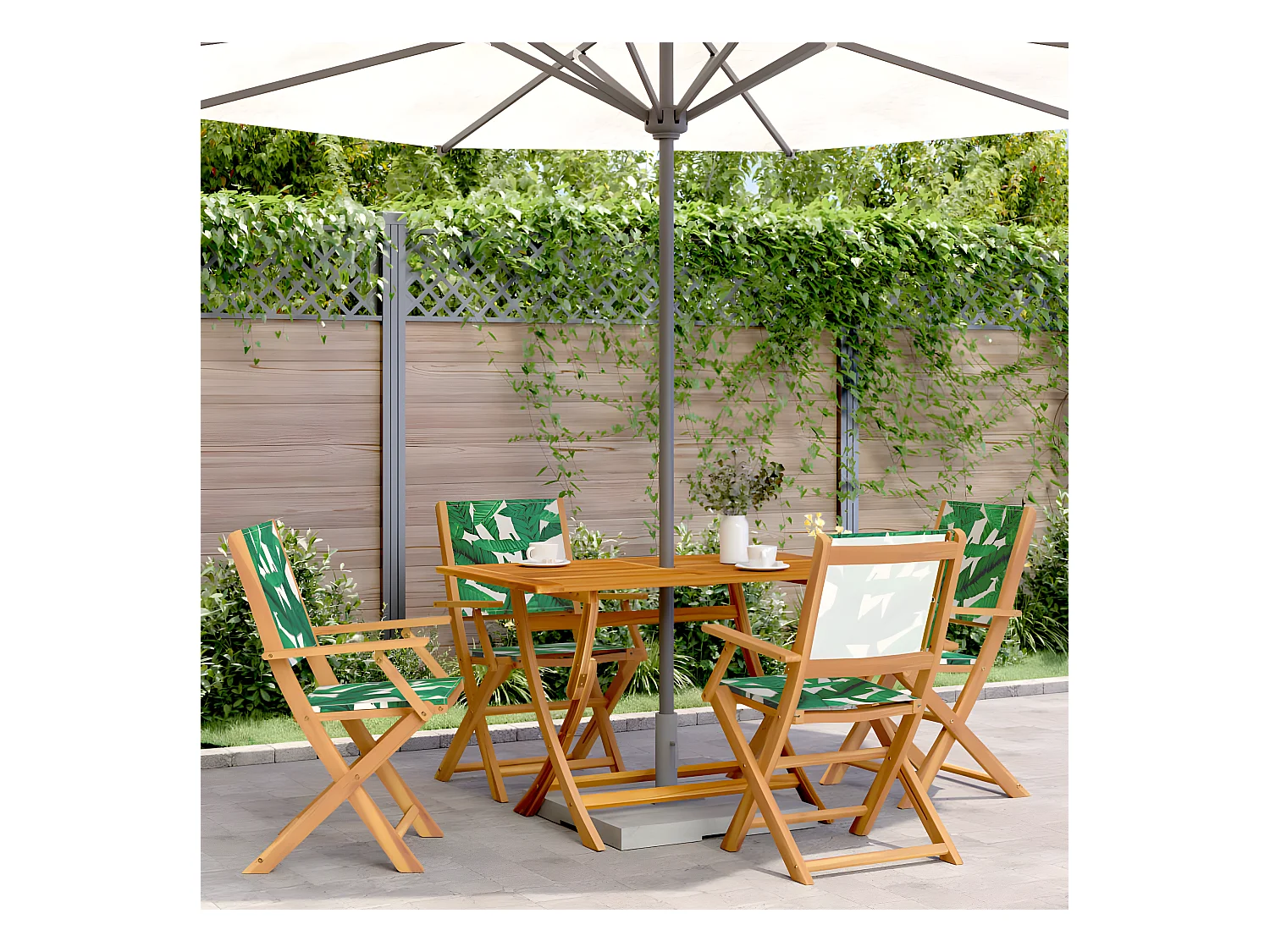 Lot de 4 Chaises de jardin pliantes vert tissu et bois massif FR46312