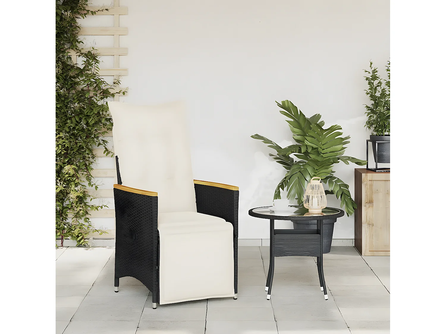 Chaise inclinable de jardin avec coussins noir résine tressée FR10118
