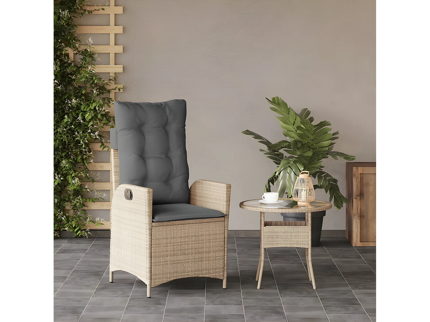 Sillón reclinable de jardín con cojines ratán PE beige mixto ES464330