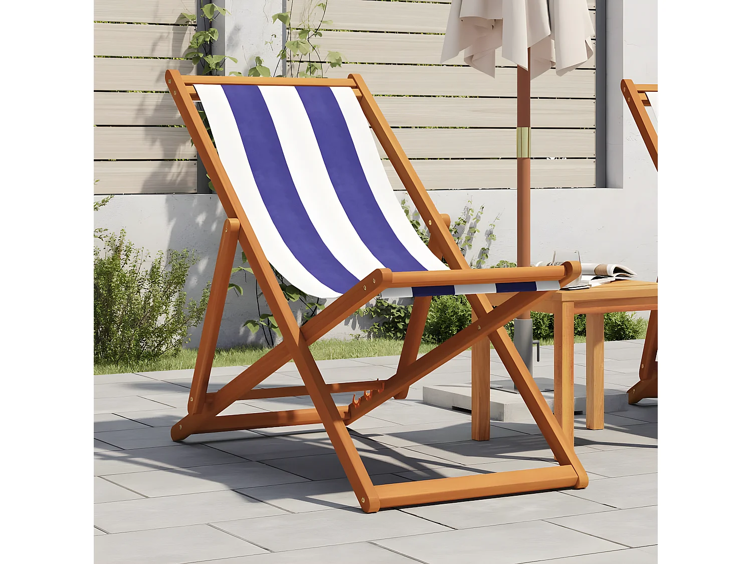 Cadeira praia dobrável mad. eucalipto maciça/tecido azul/branco PT249273