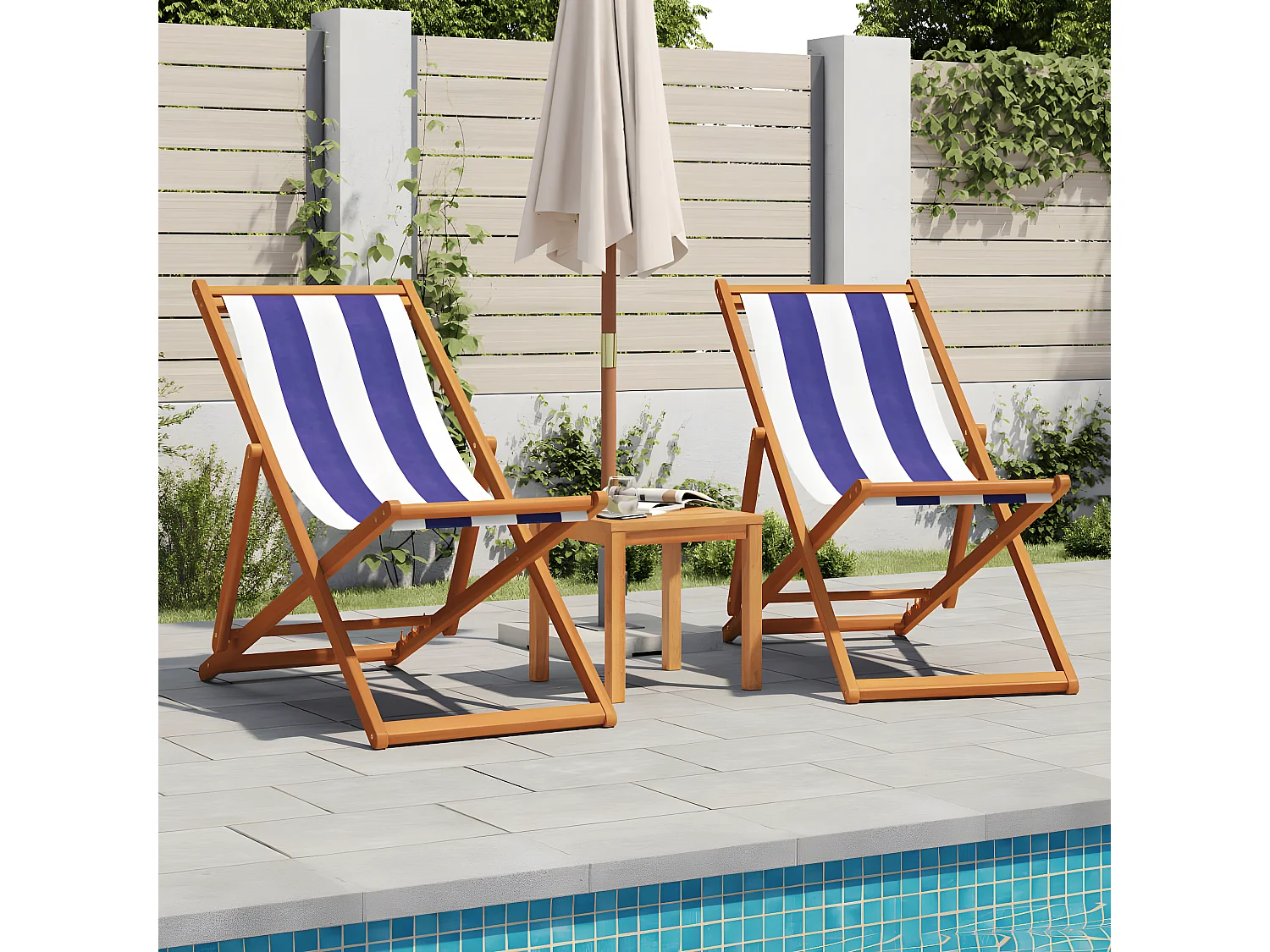 Cadeira praia dobrável mad. eucalipto maciça/tecido azul/branco PT249273