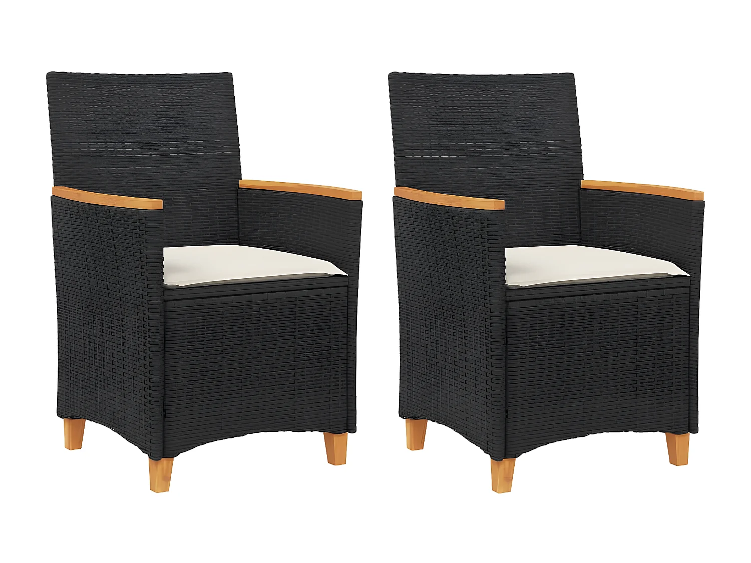 Cadeiras de jardim c/ almofadões 2 pcs vime PE/madeira preto PT765538