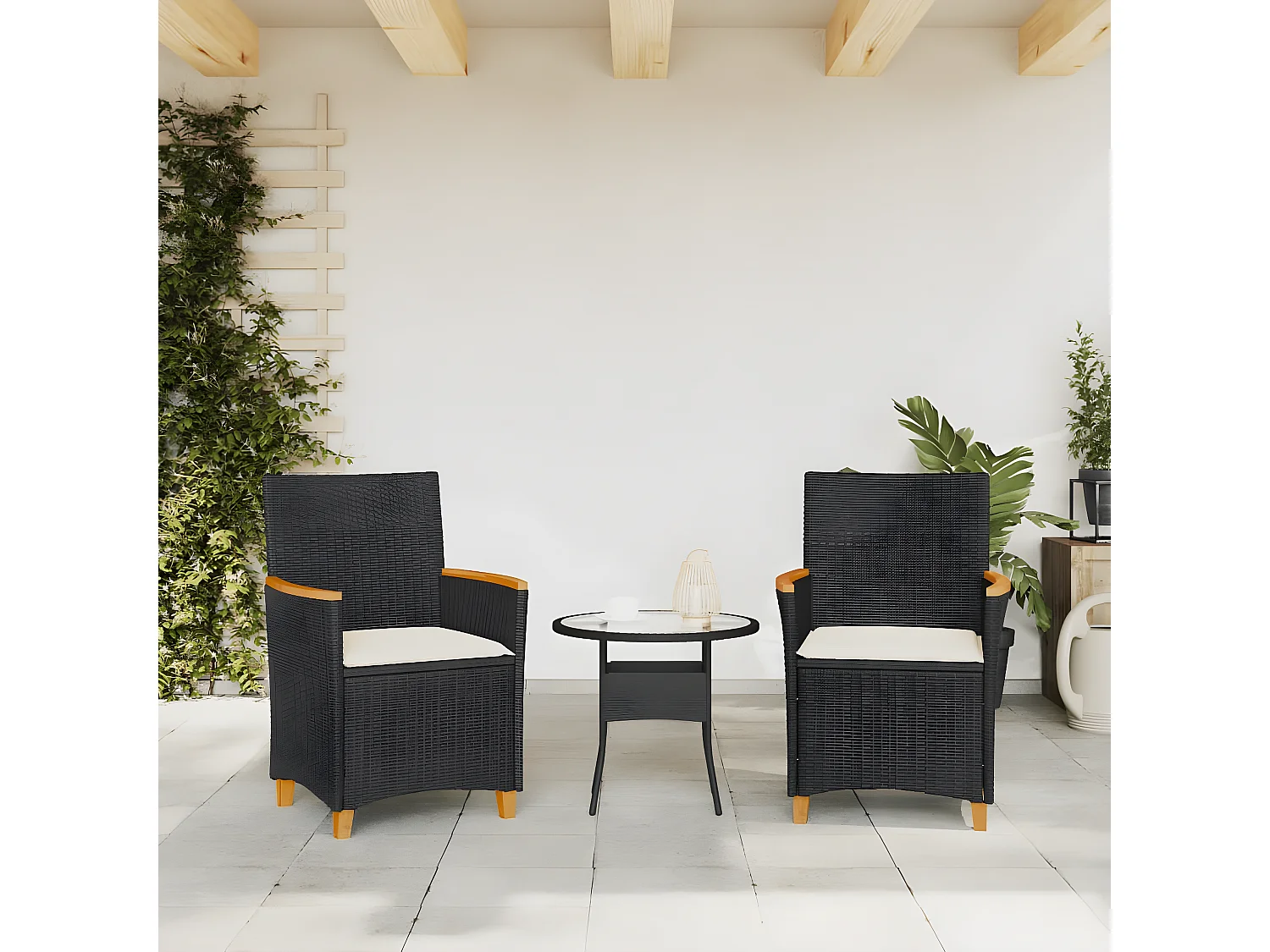 Lot de 2 Chaises de jardin coussins noir résine tressée et bois FR58897