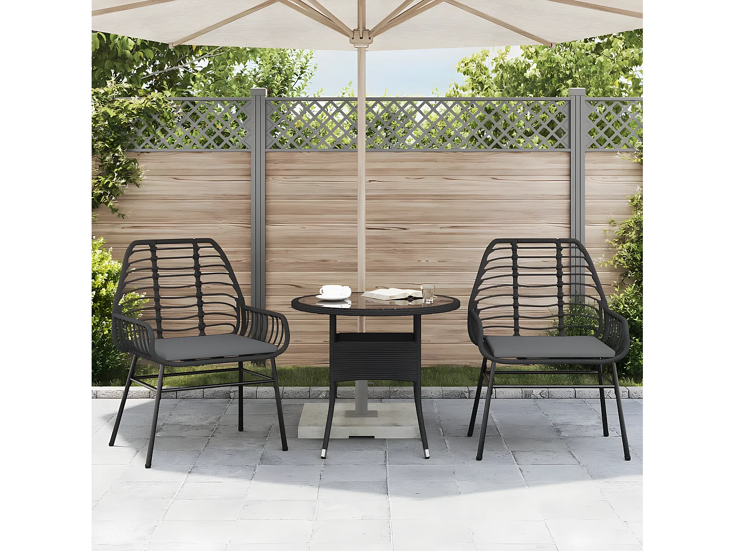 Cadeiras de jardim com almofadões 2 pcs vime PE preto PT532047