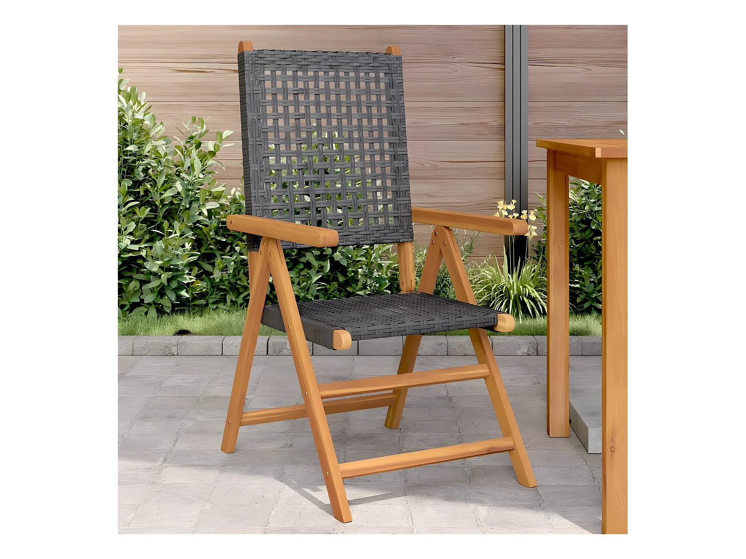 Lot de 2 Chaises de jardin noir bois massif d'acacia et rotin FR70048