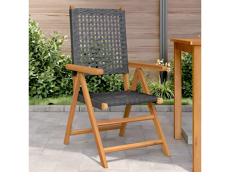 Lot de 2 Chaises de jardin noir bois massif d'acacia et rotin FR70048