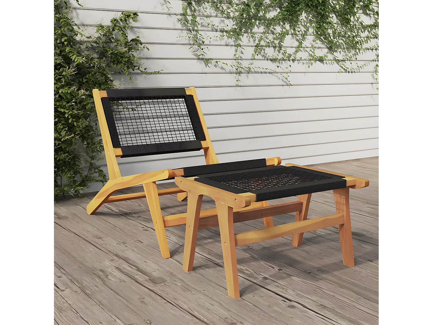 Chaise de jardin et repose-pieds Bois teck solide et polyester FR47379