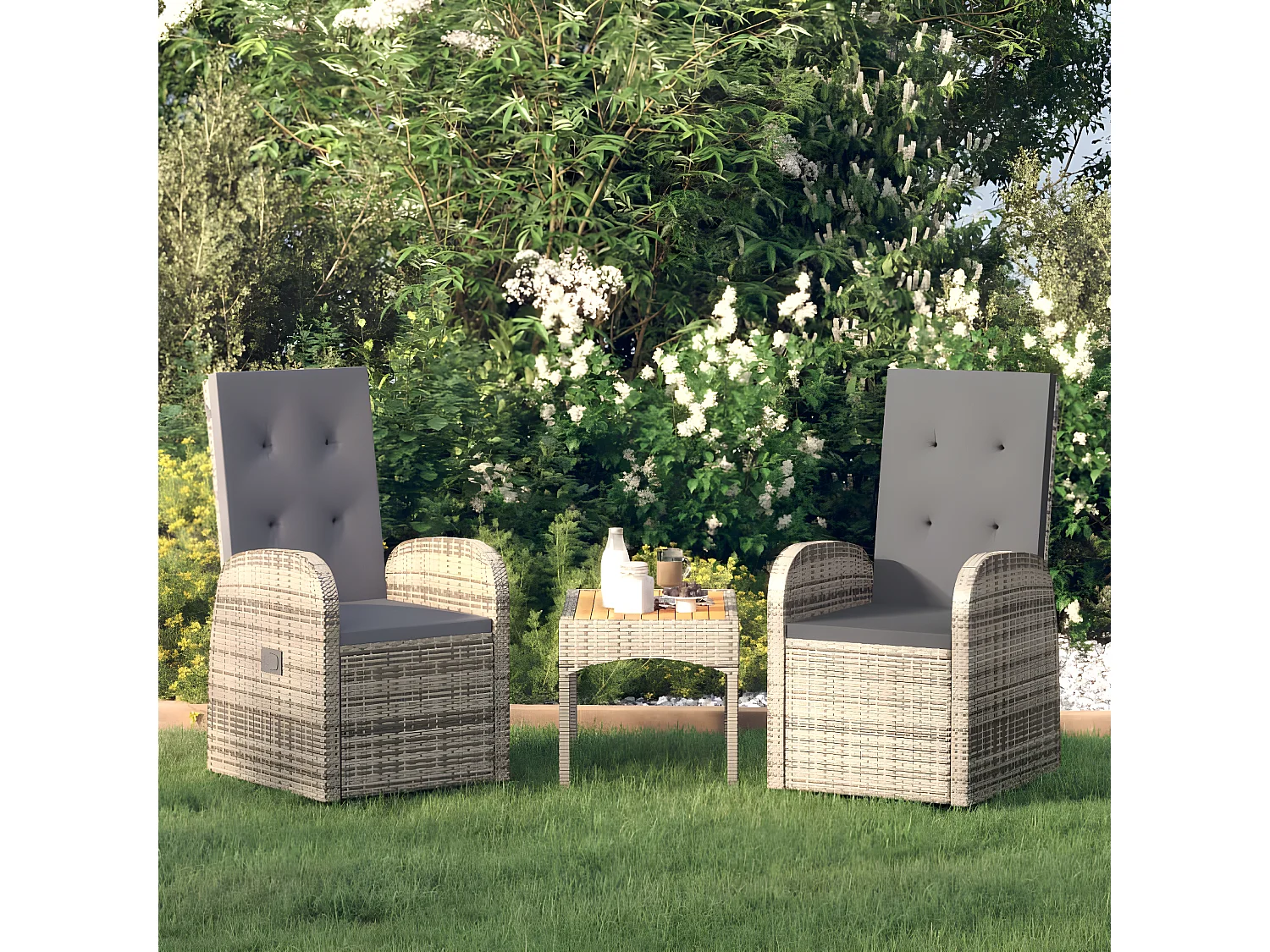 Lot de 2 Chaises de jardin inclinables coussins Gris Résine tressée FR11858