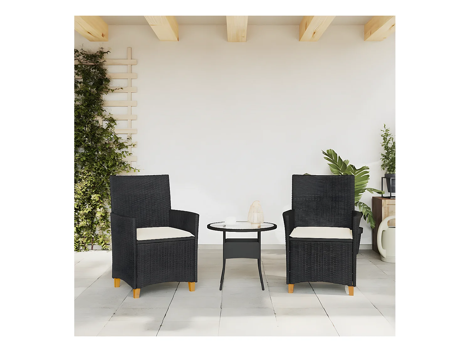 Lot de 2 Chaises de jardin coussins noir résine tressée et bois FR79953