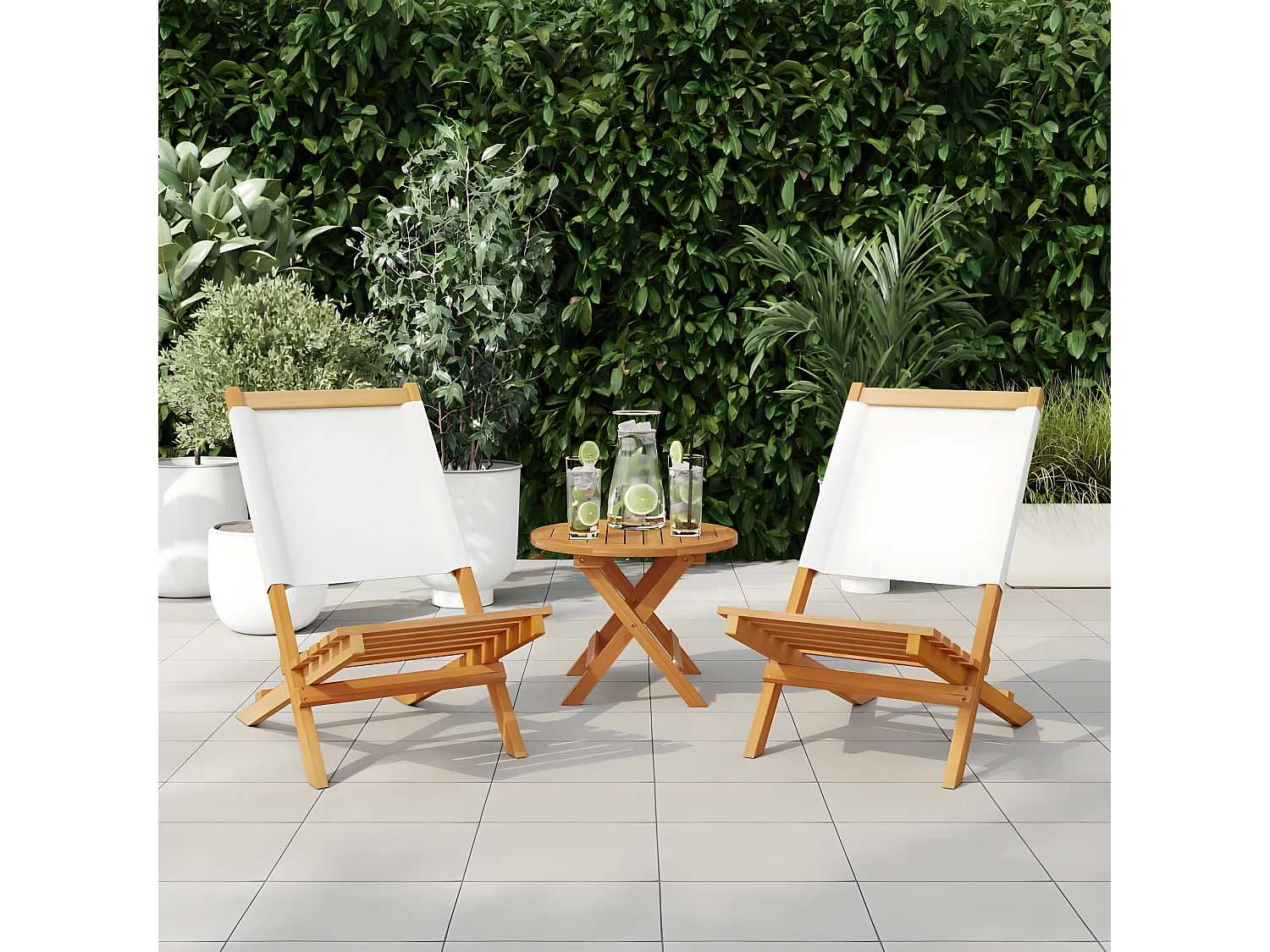 Lot de 2 Chaises de jardin blanc crème bois acacia massif tissu FR56190