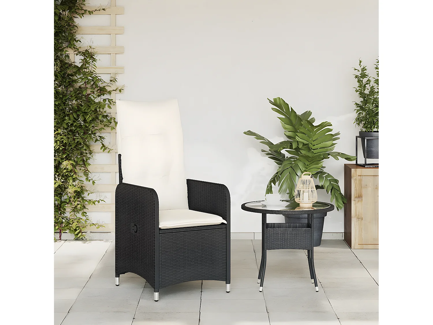 Chaise inclinable de jardin avec coussins noir résine tressée FR85202