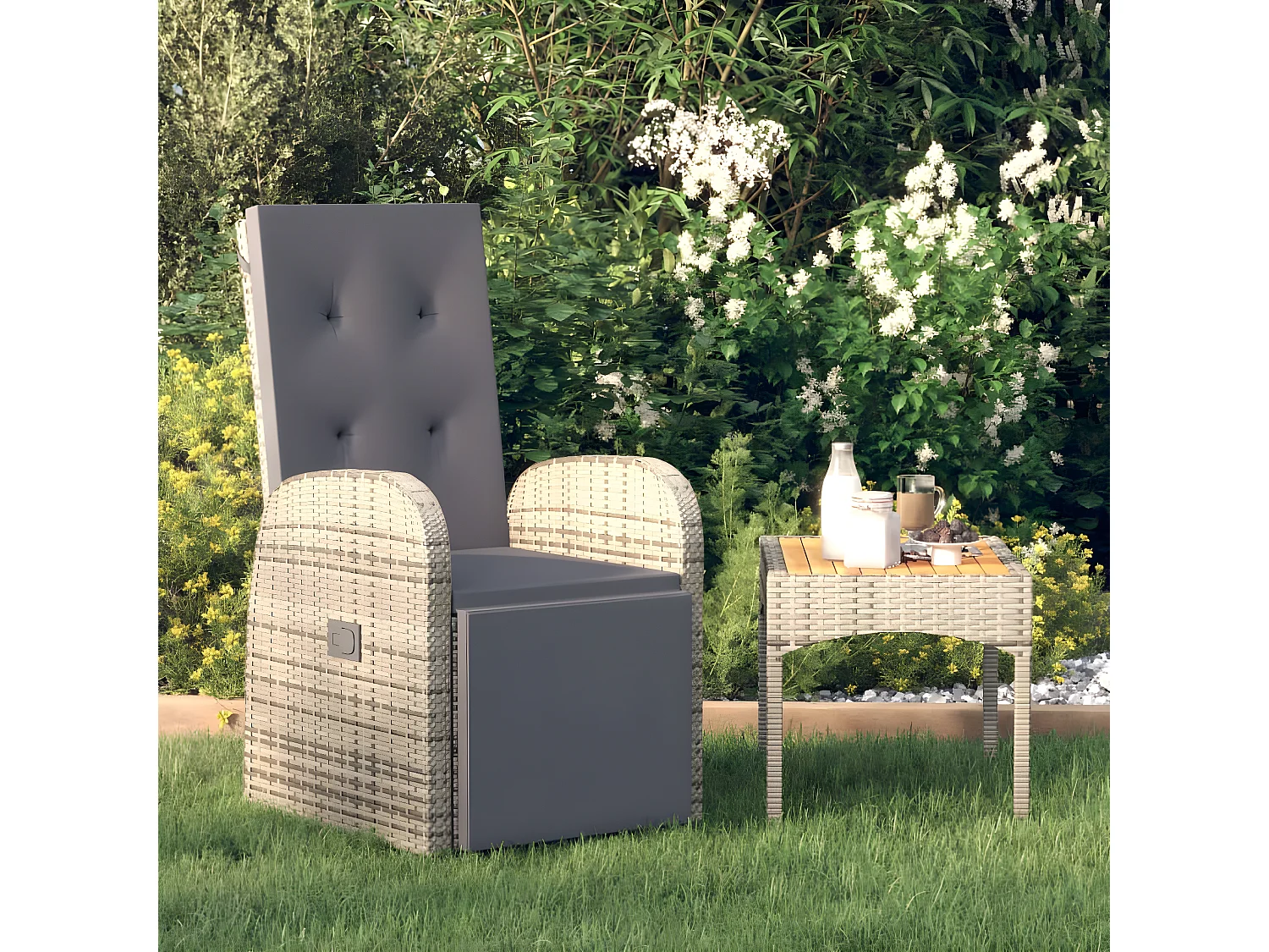 Sillón reclinable de jardín con cojines ratán sintético gris ES536958