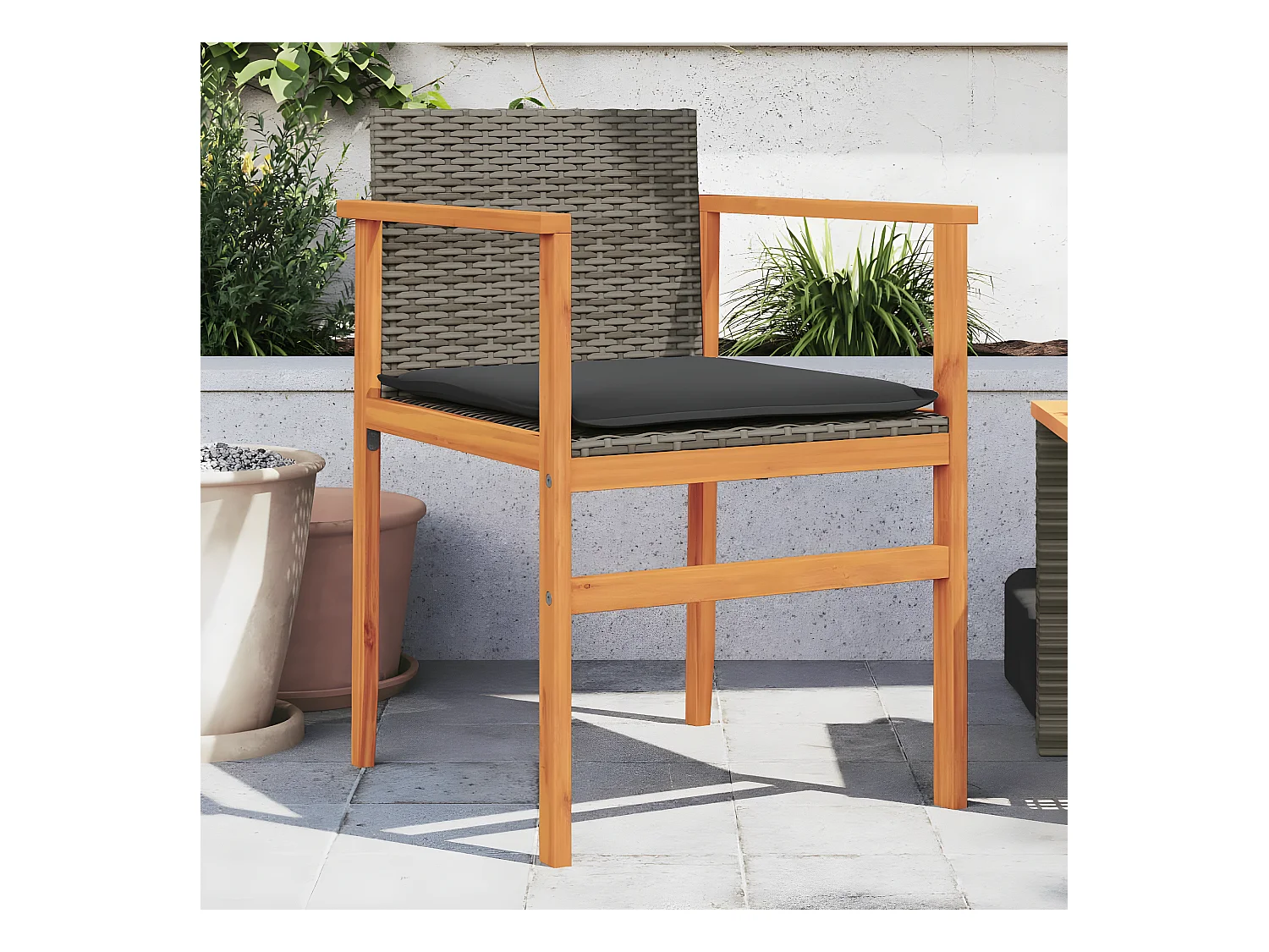 Cadeiras de jardim c/ almofadões 2 pcs vime PE/madeira cinza PT584039