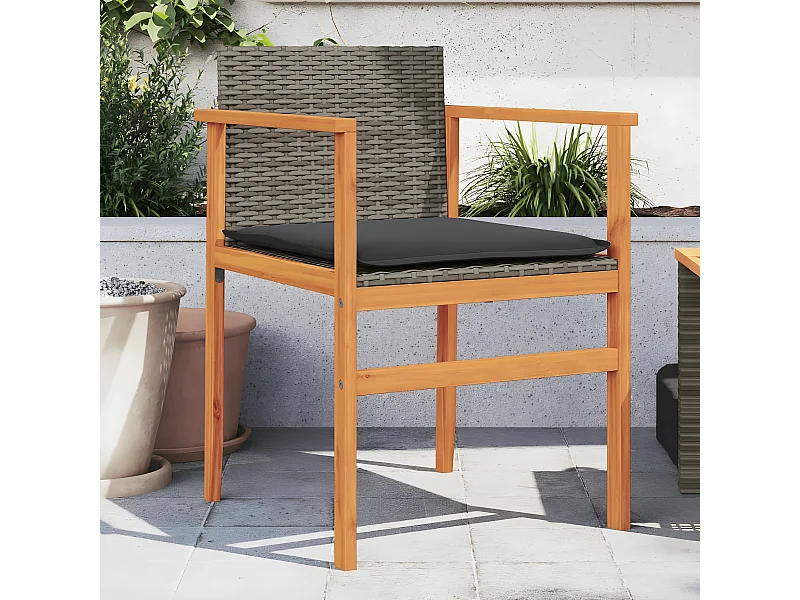 Lot de 2 Chaises de jardin coussins gris résine tressée et bois FR36101