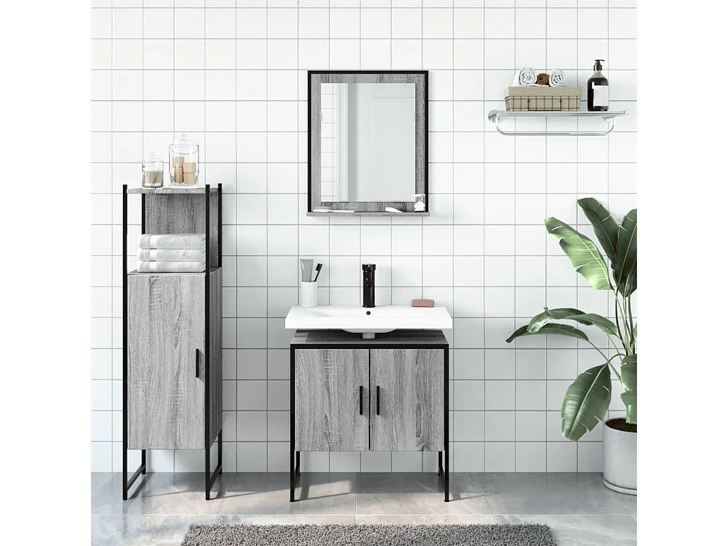 3 pcs conjunto móveis WC derivados de madeira cinzento sonoma PT313202