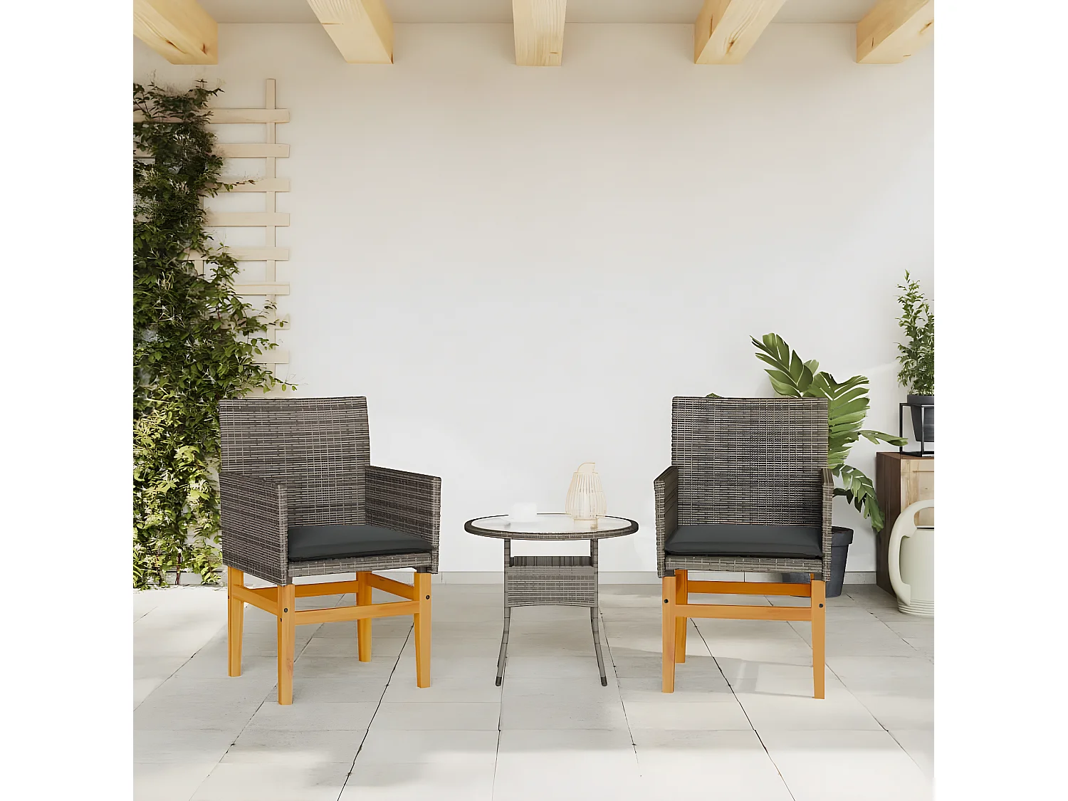 Lot de 2 Chaises de jardin coussins gris résine tressée et bois FR88178