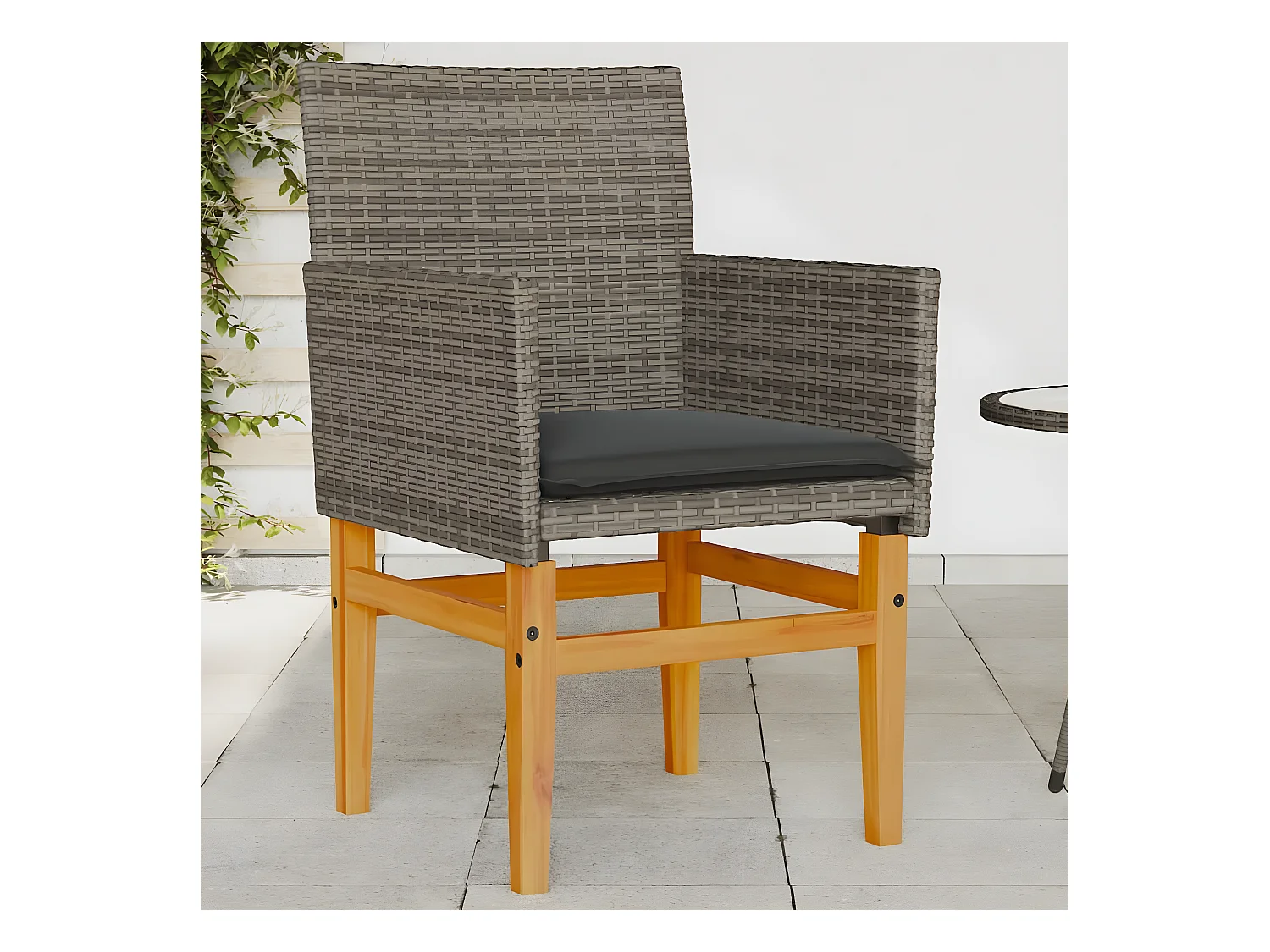 Cadeiras de jardim c/ almofadões 2 pcs vime PE/madeira cinza PT180882