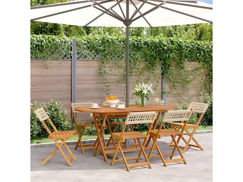 Lot de 6 Chaises de jardin pliantes beige rotin et bois massif FR16494