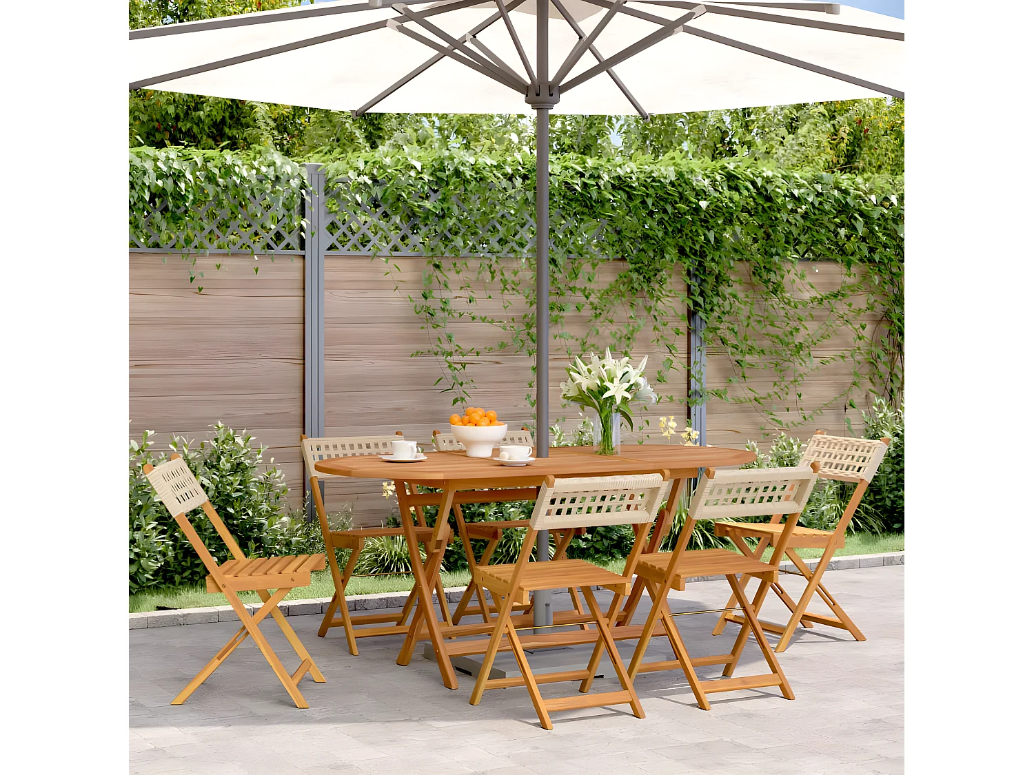 Lot de 6 Chaises de jardin pliantes beige rotin et bois massif FR16494