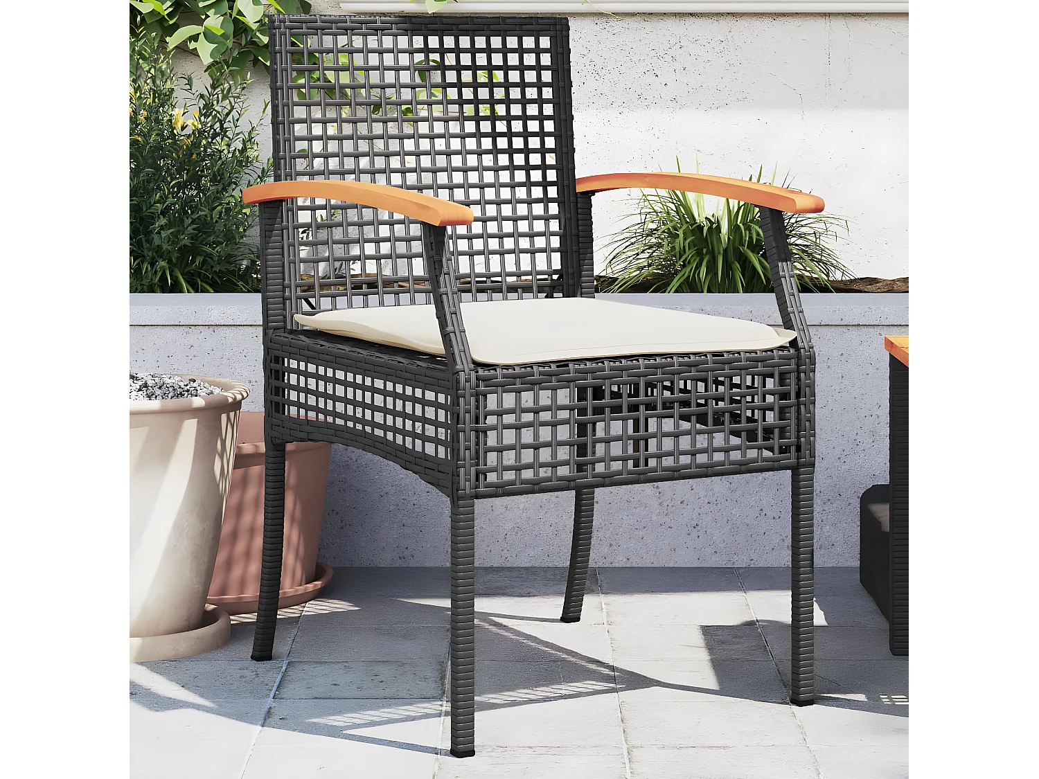 Cadeiras de jardim com almofadões 2 pcs vime PE/acácia preto PT102781