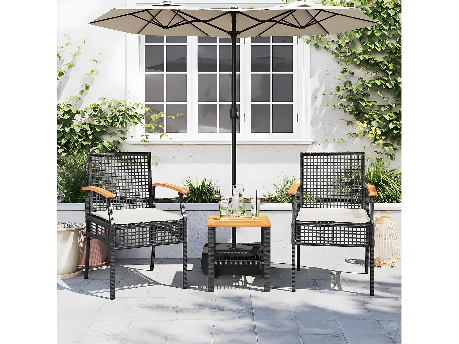 Cadeiras de jardim com almofadões 2 pcs vime PE/acácia preto PT102781