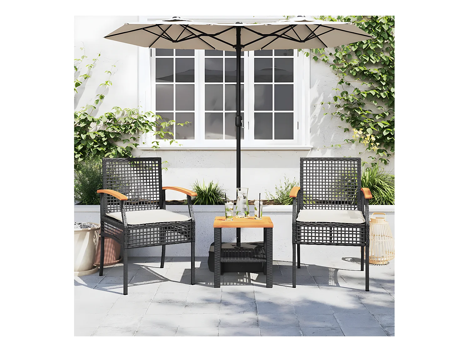 Lot de 2 Chaises de jardin coussins noir résine tressée acacia FR16921