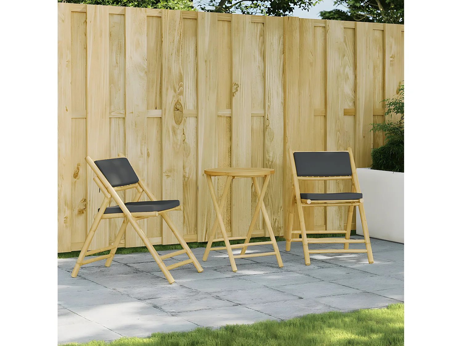 2pcs cadeiras bistrô dobráveis c/ almofadões cinza escuro bambu PT388732