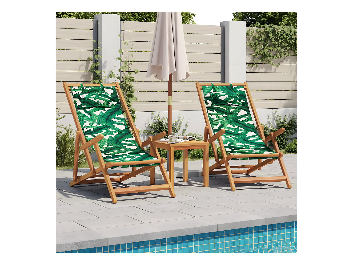 Chaise pliable plage motif de feuilles bois d'eucalyptus/tissu FR17979
