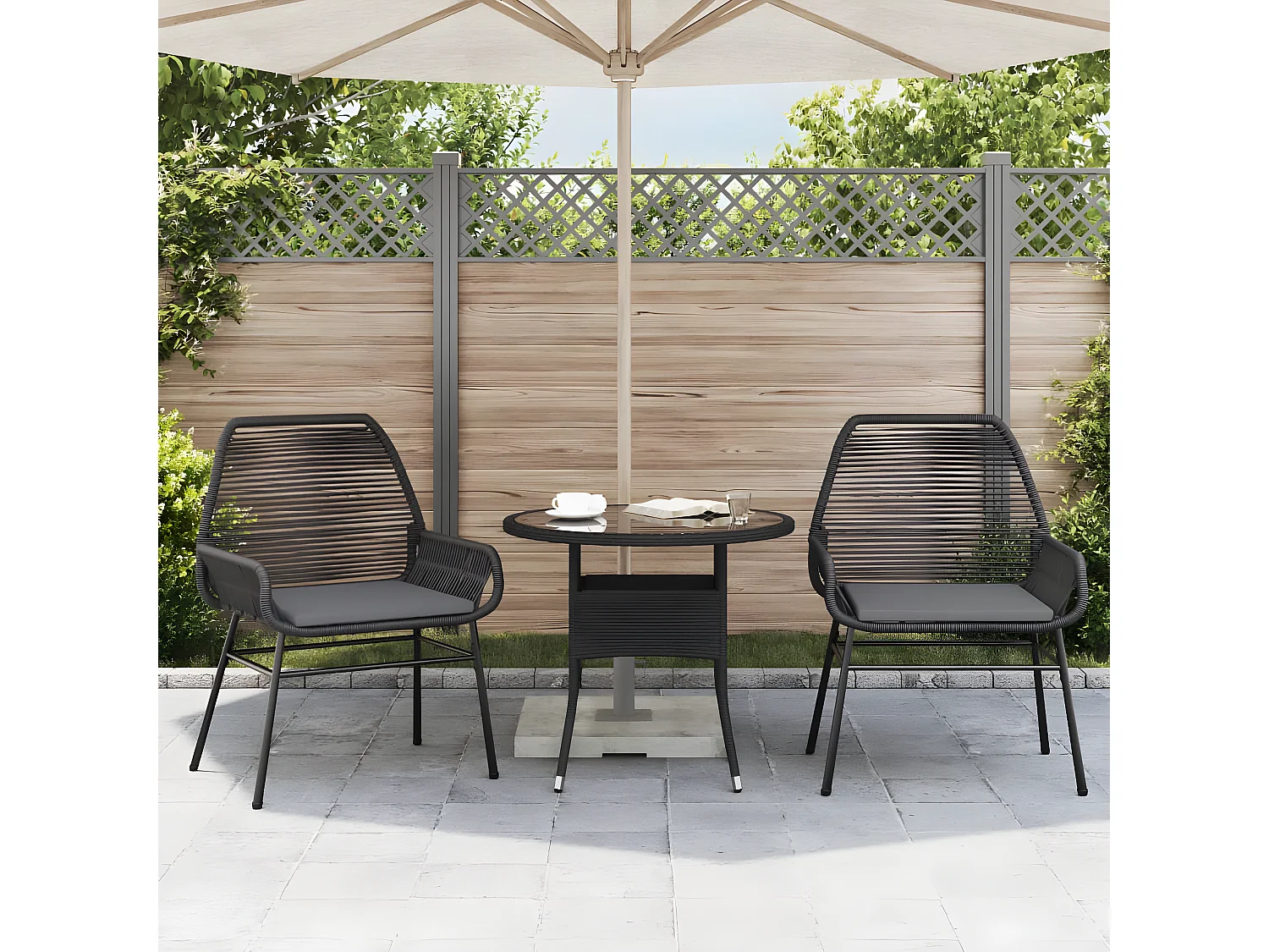 Cadeiras de jardim com almofadões 2 pcs vime PE preto PT810420