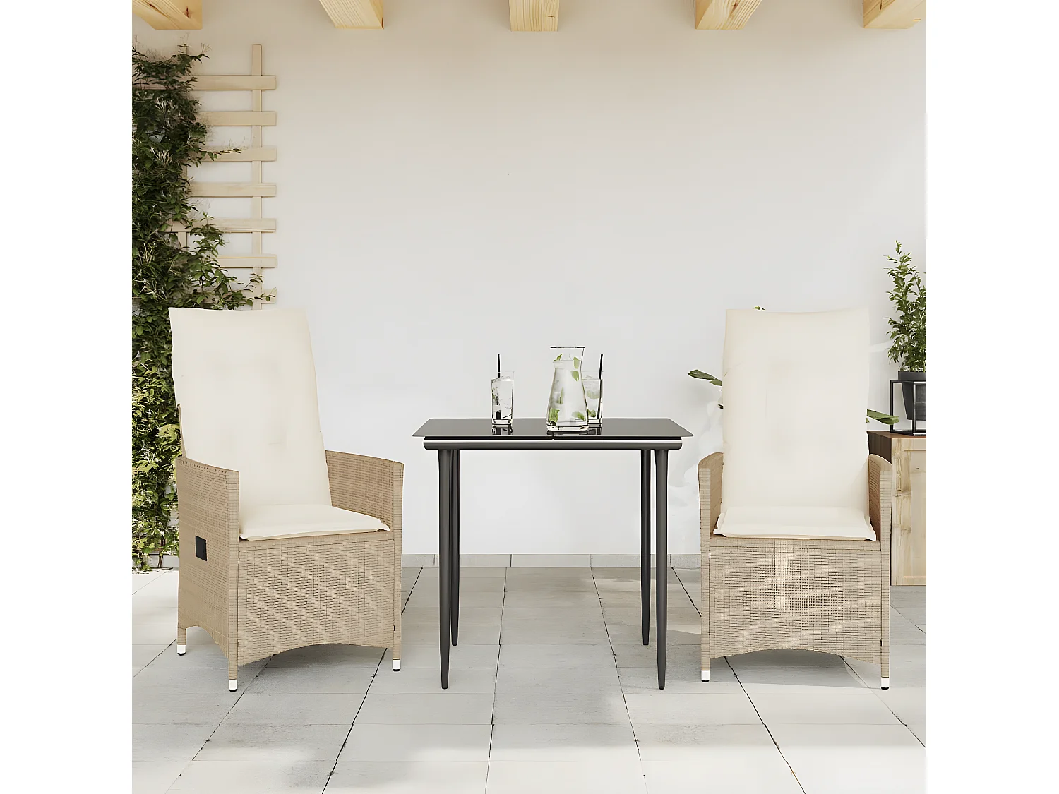 Lot de 2 Chaises inclinables de jardin et coussins beige rotin FR85211