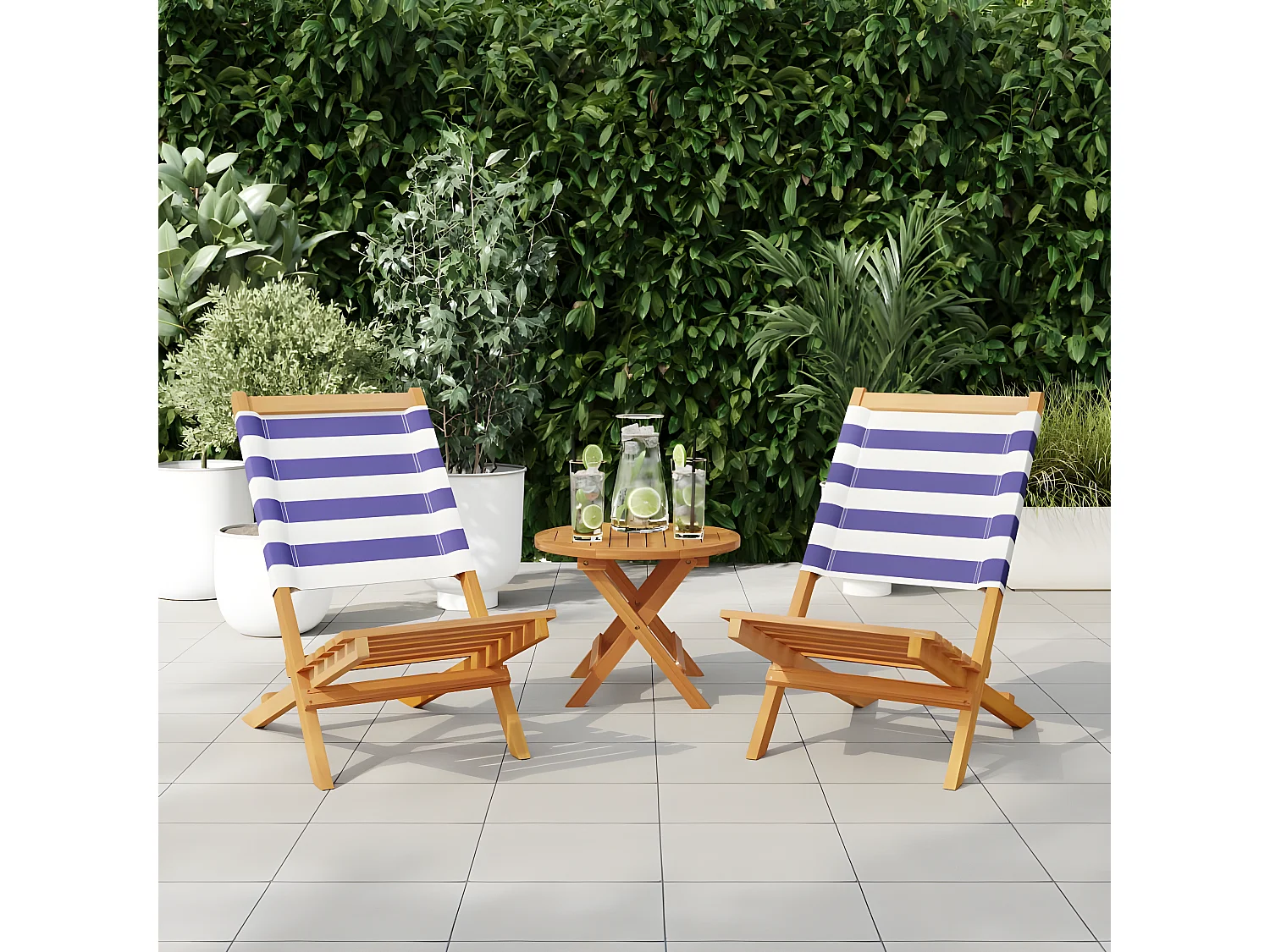 Lot de 2 Chaises de jardin bleu/blanc bois acacia massif tissu FR84862