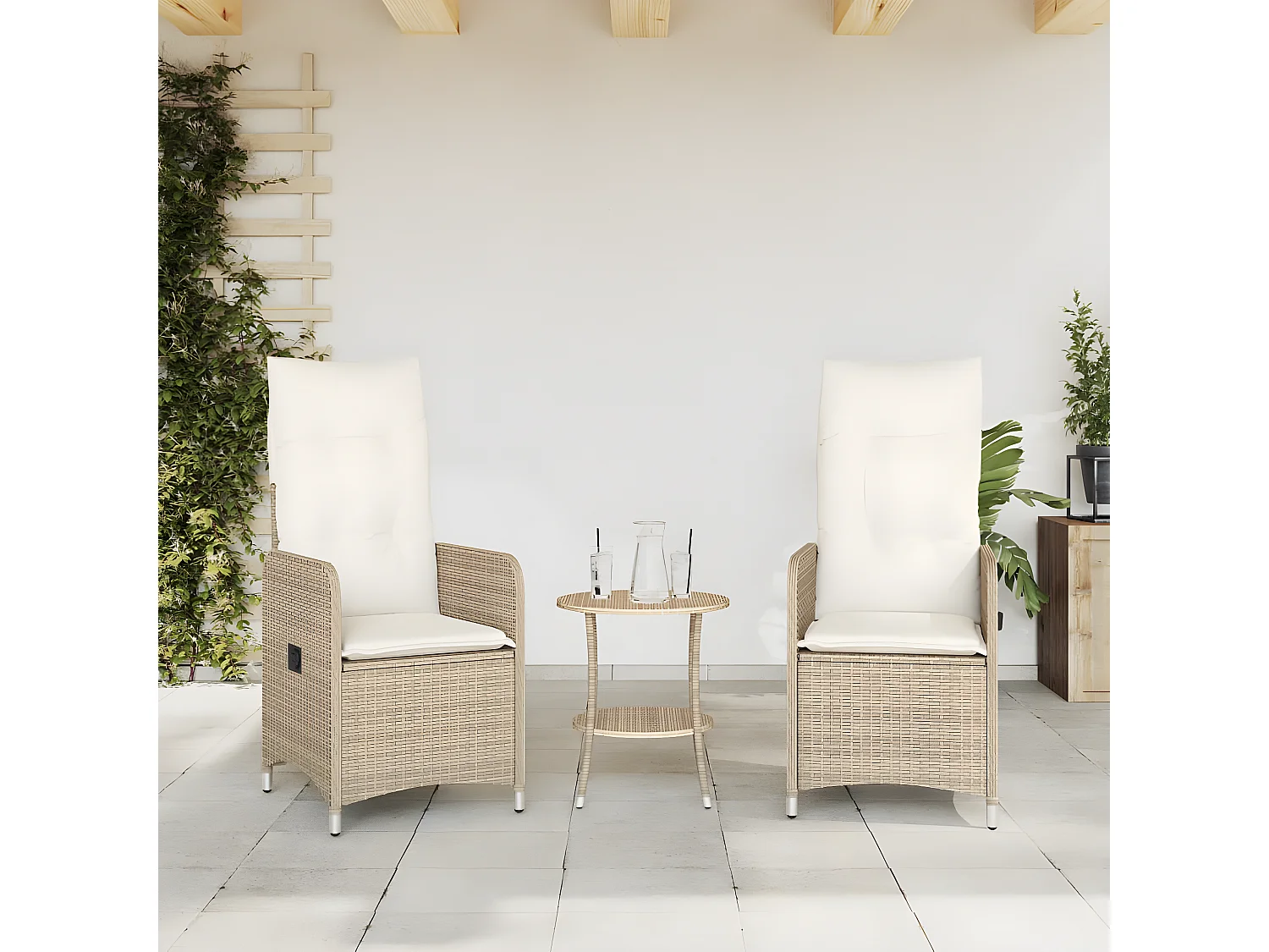 Lot de 2 Chaises inclinables de jardin avec table beige rotin FR83091