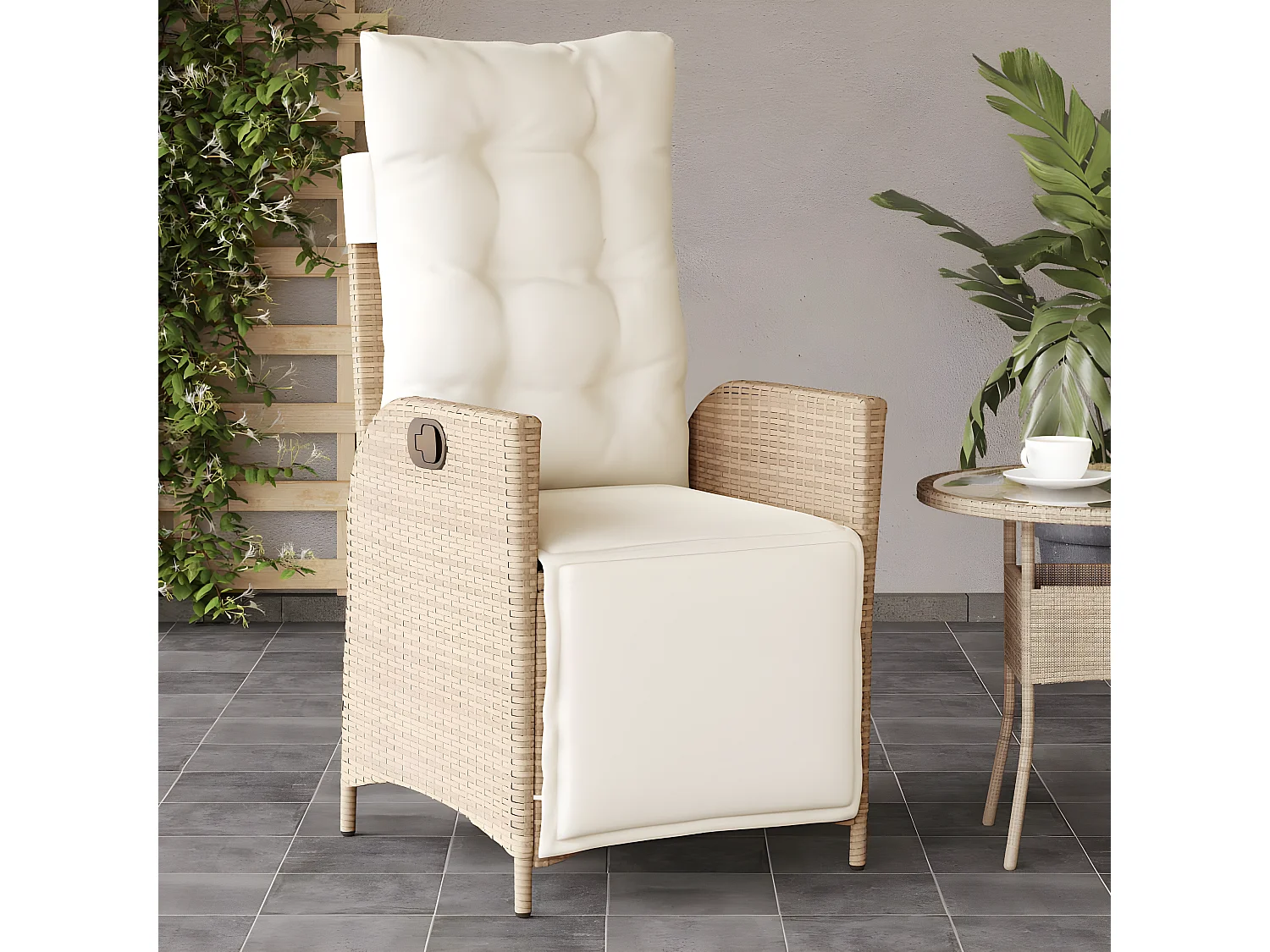 Chaise inclinable de jardin et repose-pied beige résine tressée FR93170