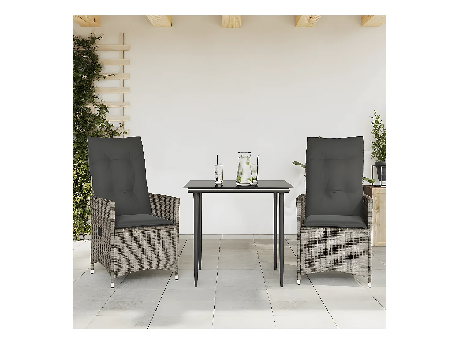 Lot de 2 Chaises inclinables de jardin et coussins gris rotin FR86042