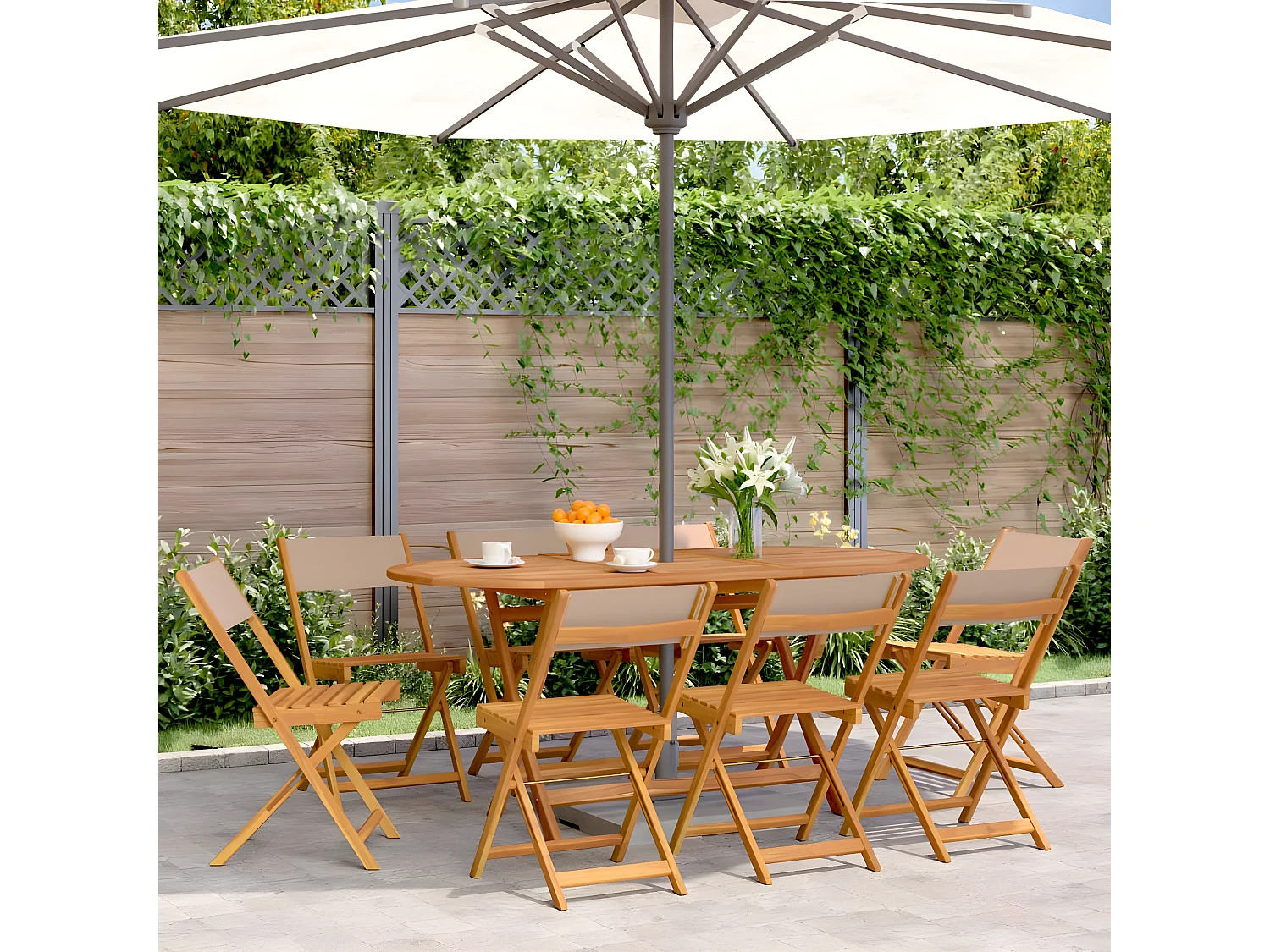Juego de 8 Sillas de jardín plegables madera maciza y tela taupe ES974206