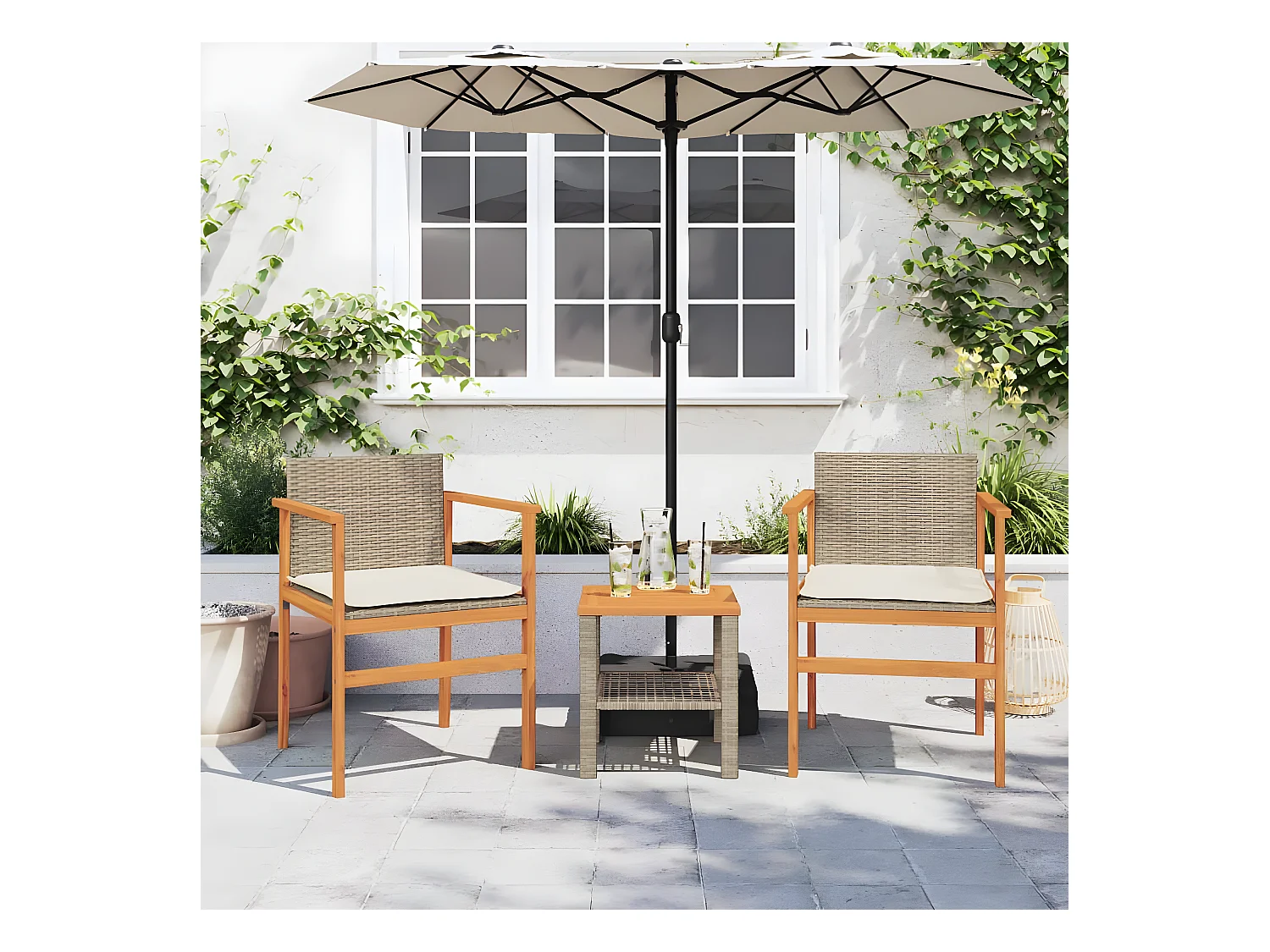 Lot de 2 Chaises de jardin coussins beige résine tressée bois FR74761