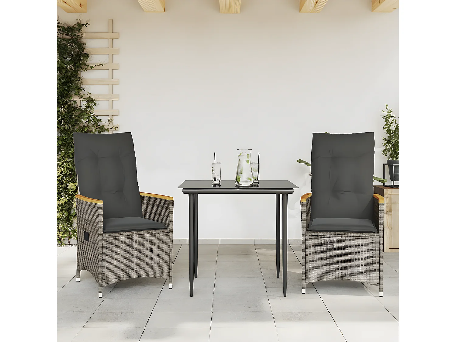 Lot de 2 Chaises inclinables de jardin et coussins gris rotin FR68580