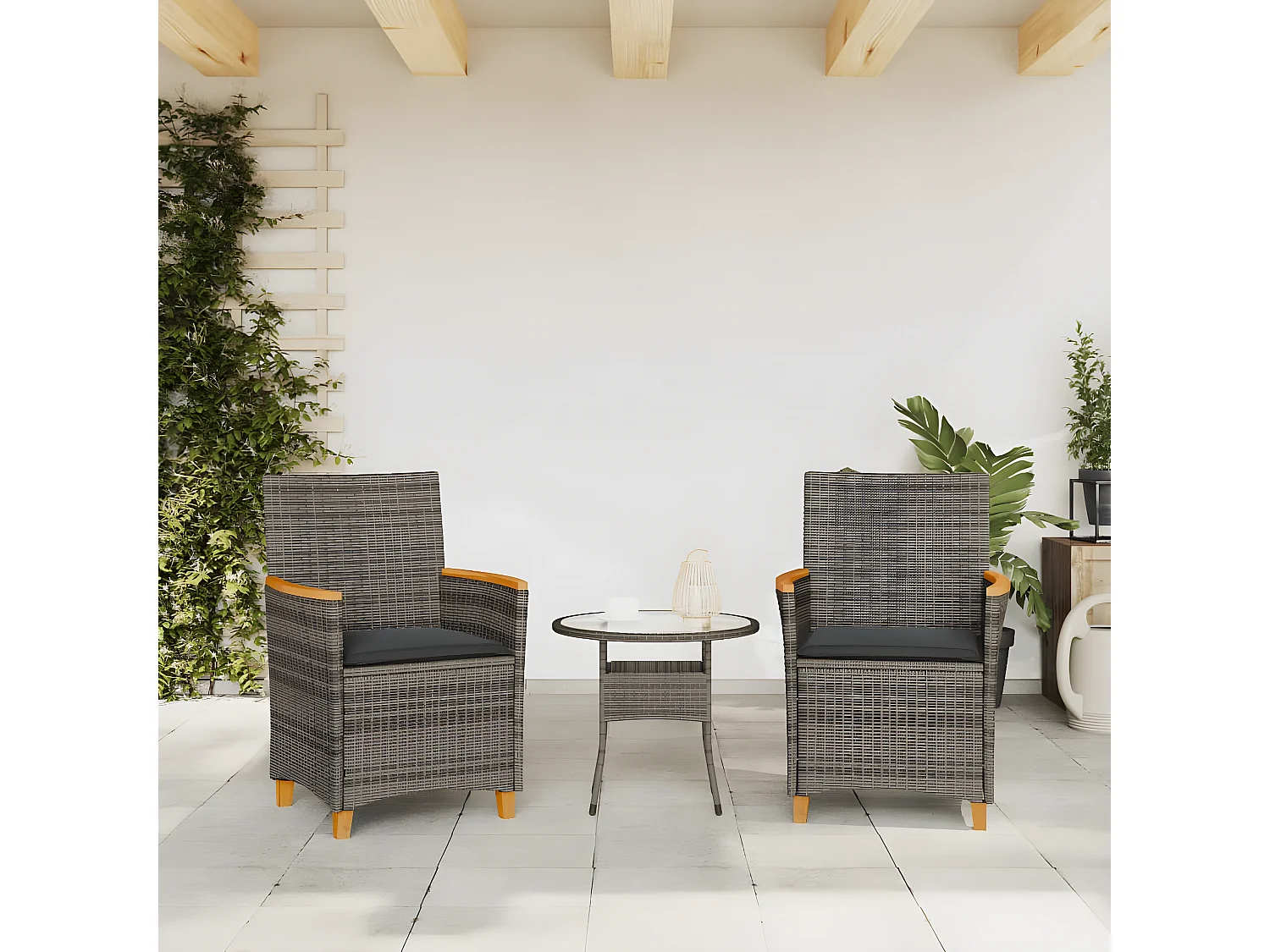 Lot de 2 Chaises de jardin coussins gris résine tressée et bois FR78821