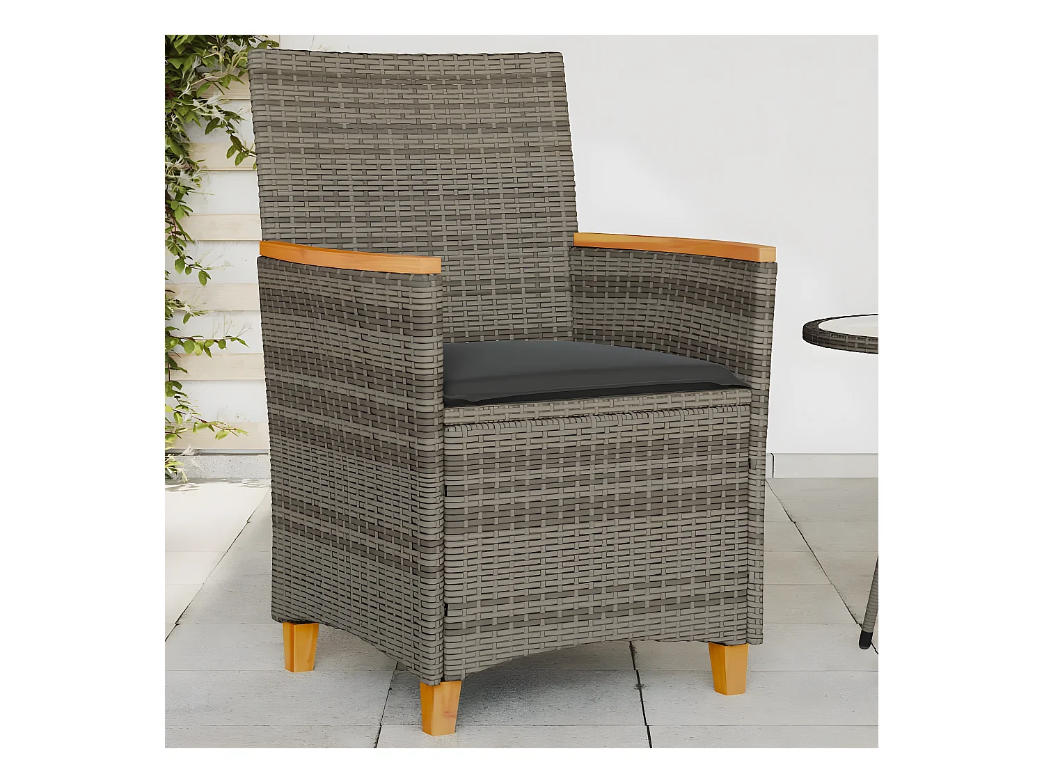 Cadeiras de jardim c/ almofadões 2 pcs vime PE/madeira cinza PT213497