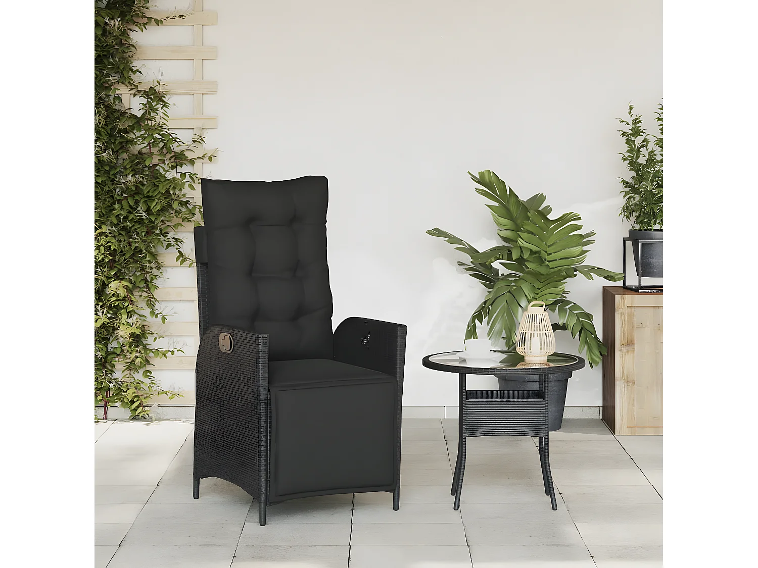 Chaise inclinable de jardin et repose-pied noir résine tressée FR23438