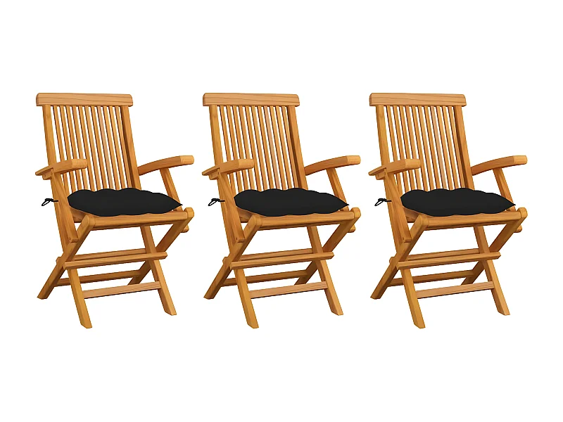 Lot de 3 Chaises de jardin avec coussins noir Bois de teck massif FR75391