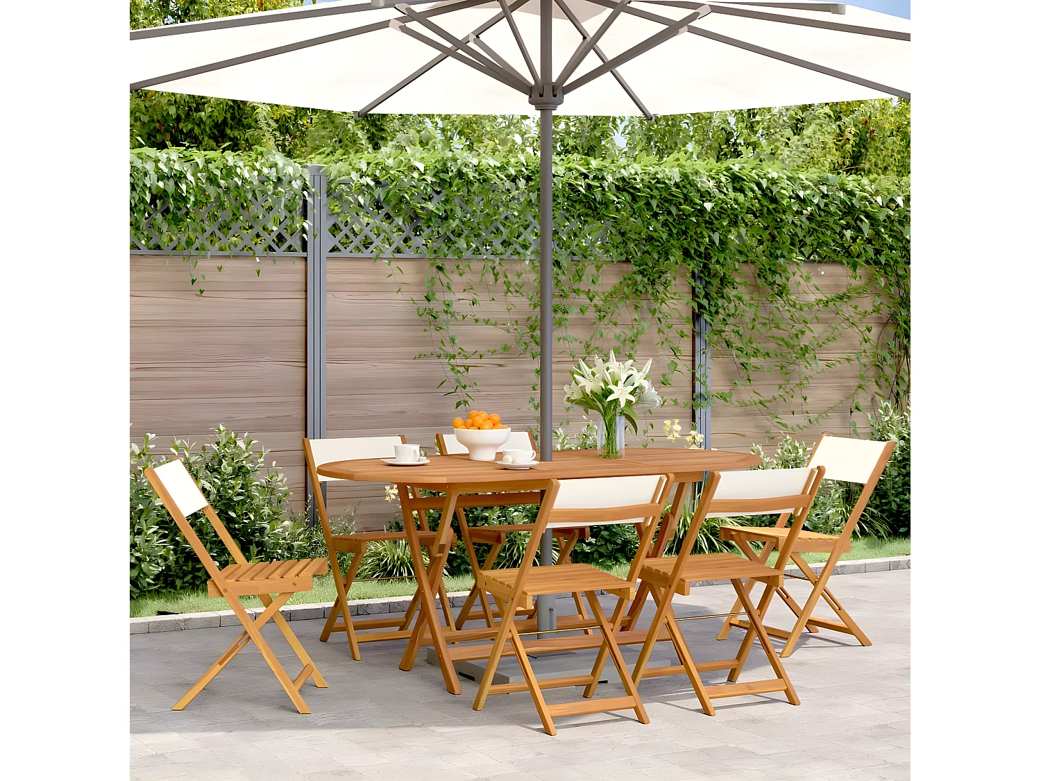 Tuinstoelen 6 st inklapbaar massief hout en stof crèmewit BE731482